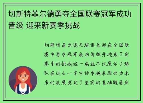 切斯特菲尔德勇夺全国联赛冠军成功晋级 迎来新赛季挑战 切斯特菲尔德勇夺全国联赛冠军成功晋级 迎来新赛季挑战